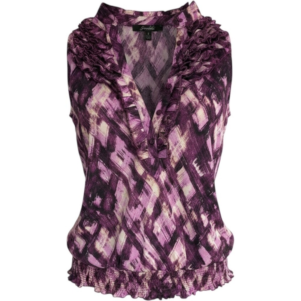 Essentials by‎ Milano Purple Abstract Ruffle Neck Smocked Waist Blouse Small
